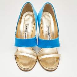 Pre Owned Manolo Blahnik Blue/Gold Satin and Leather Open Toe Sandals Size 39.5