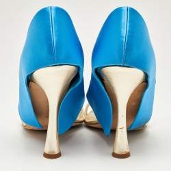 Pre Owned Manolo Blahnik Blue/Gold Satin and Leather Open Toe Sandals Size 39.5
