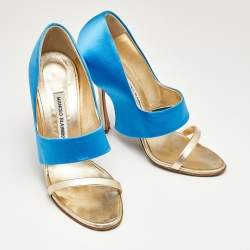 Pre Owned Manolo Blahnik Blue/Gold Satin and Leather Open Toe Sandals Size 39.5
