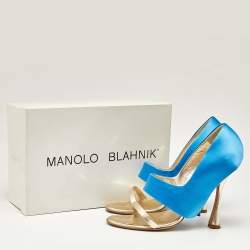 Pre Owned Manolo Blahnik Blue/Gold Satin and Leather Open Toe Sandals Size 39.5