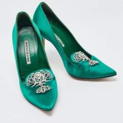 Pre Owned Manolo Blahnik Green Satin Crystal Embellished Pumps Size 38