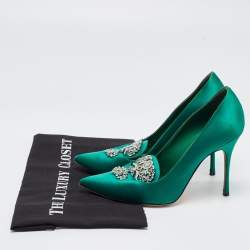 Pre Owned Manolo Blahnik Green Satin Crystal Embellished Pumps Size 38