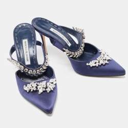 Pre Owned Manolo Blahnik Navy Blue Satin Crystal Embellished  Lurum Mules Size 39