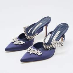 Pre Owned Manolo Blahnik Navy Blue Satin Crystal Embellished  Lurum Mules Size 39