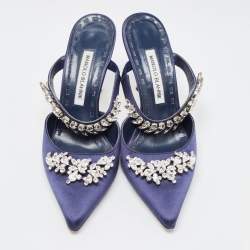 Pre Owned Manolo Blahnik Navy Blue Satin Crystal Embellished  Lurum Mules Size 39