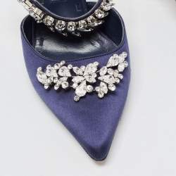 Pre Owned Manolo Blahnik Navy Blue Satin Crystal Embellished  Lurum Mules Size 39