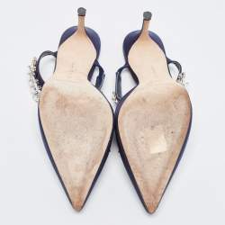 Pre Owned Manolo Blahnik Navy Blue Satin Crystal Embellished  Lurum Mules Size 39