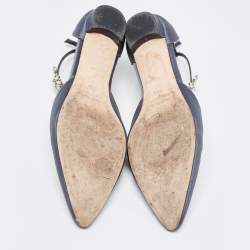 Pre Owned Manolo Blahnik Navy Blue Satin Crystal Embellished Sicaria Ankle Strap Ballet Flats Size 39.5