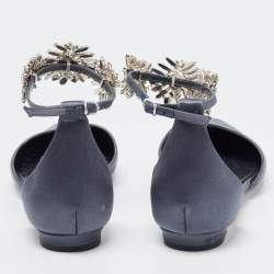 Pre Owned Manolo Blahnik Navy Blue Satin Crystal Embellished Sicaria Ankle Strap Ballet Flats Size 39.5