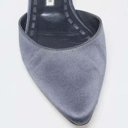 Pre Owned Manolo Blahnik Navy Blue Satin Crystal Embellished Sicaria Ankle Strap Ballet Flats Size 39.5