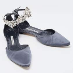 Pre Owned Manolo Blahnik Navy Blue Satin Crystal Embellished Sicaria Ankle Strap Ballet Flats Size 39.5