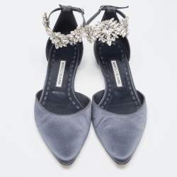 Pre Owned Manolo Blahnik Navy Blue Satin Crystal Embellished Sicaria Ankle Strap Ballet Flats Size 39.5