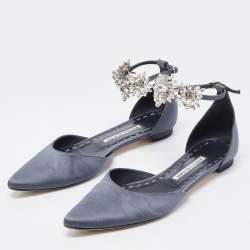 Pre Owned Manolo Blahnik Navy Blue Satin Crystal Embellished Sicaria Ankle Strap Ballet Flats Size 39.5