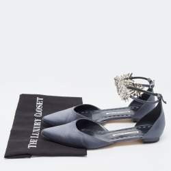 Pre Owned Manolo Blahnik Navy Blue Satin Crystal Embellished Sicaria Ankle Strap Ballet Flats Size 39.5