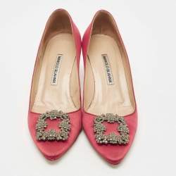 Pre Owned Manolo Blahnik Red Satin Hangisi Crystal Embellished Pumps Size 40