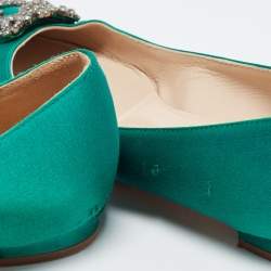 Pre Owned Manolo Blahnik Green Satin Hangisi Ballet Flats Size 37.5
