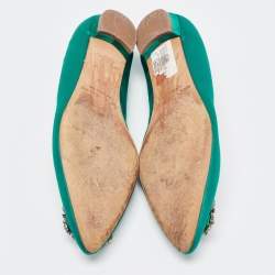 Pre Owned Manolo Blahnik Green Satin Hangisi Ballet Flats Size 37.5