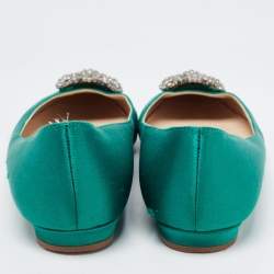 Pre Owned Manolo Blahnik Green Satin Hangisi Ballet Flats Size 37.5