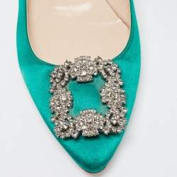 Pre Owned Manolo Blahnik Green Satin Hangisi Ballet Flats Size 37.5