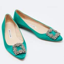 Pre Owned Manolo Blahnik Green Satin Hangisi Ballet Flats Size 37.5