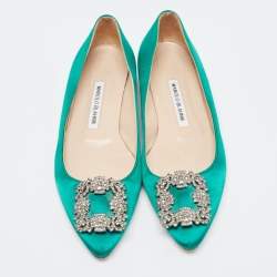 Pre Owned Manolo Blahnik Green Satin Hangisi Ballet Flats Size 37.5