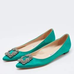 Pre Owned Manolo Blahnik Green Satin Hangisi Ballet Flats Size 37.5