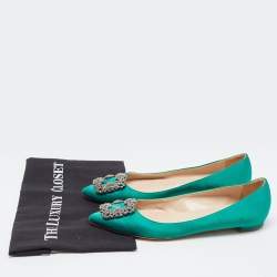 Pre Owned Manolo Blahnik Green Satin Hangisi Ballet Flats Size 37.5