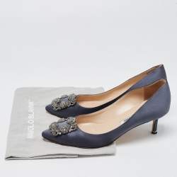 Pre Owned Manolo Blahnik Navy Blue Satin Hangisi Pumps Size 37
