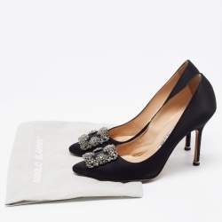 Pre Owned Manolo Blahnik Black Satin Hangisi Pumps Size 37.5