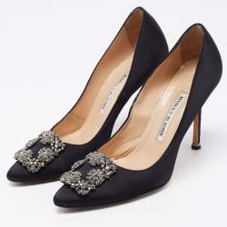 Pre Owned Manolo Blahnik Black Satin Hangisi Pumps Size 37.5