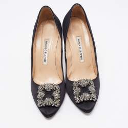 Pre Owned Manolo Blahnik Black Satin Hangisi Pumps Size 37.5