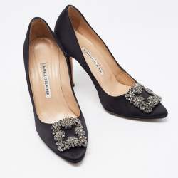 Pre Owned Manolo Blahnik Black Satin Hangisi Pumps Size 37.5