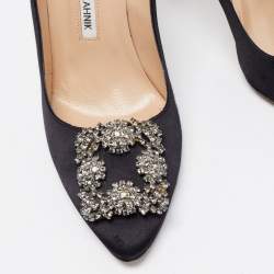 Pre Owned Manolo Blahnik Black Satin Hangisi Pumps Size 37.5