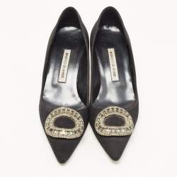 Pre Owned Manolo Blahnik Black Fabric Crystal Embellished Buckle Pumps Size 38.5