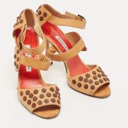 Pre Owned Manolo Blahnik Tan Leather Open Toe Ankle Strap Sandals Size 39.5