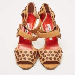 Pre Owned Manolo Blahnik Tan Leather Open Toe Ankle Strap Sandals Size 39.5