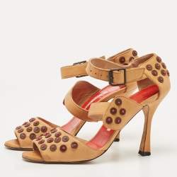 Pre Owned Manolo Blahnik Tan Leather Open Toe Ankle Strap Sandals Size 39.5