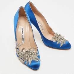 Pre Owned Manolo Blahnik Blue Satin Embellished Swan Pumps Size 38