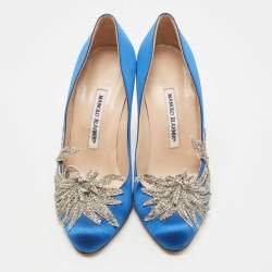 Pre Owned Manolo Blahnik Blue Satin Embellished Swan Pumps Size 38