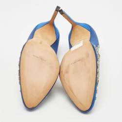 Pre Owned Manolo Blahnik Blue Satin Embellished Swan Pumps Size 38