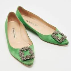 Pre Owned Manolo Blahnik Green Satin Hangisi Ballet Flats Size 37.5