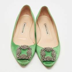 Pre Owned Manolo Blahnik Green Satin Hangisi Ballet Flats Size 37.5