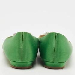 Pre Owned Manolo Blahnik Green Satin Hangisi Ballet Flats Size 37.5