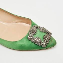 Pre Owned Manolo Blahnik Green Satin Hangisi Ballet Flats Size 37.5