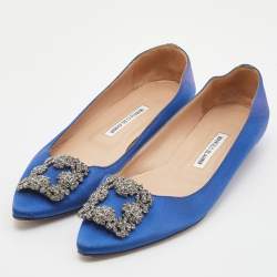 Pre Owned Manolo Blahnik Blue Satin Hangisi Ballet Flat Size 39