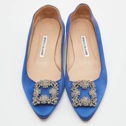 Pre Owned Manolo Blahnik Blue Satin Hangisi Ballet Flat Size 39