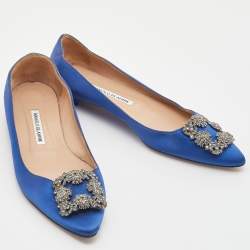 Pre Owned Manolo Blahnik Blue Satin Hangisi Ballet Flat Size 39