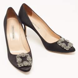 Pre Owned Manolo Blahnik Black Satin Hangisi Pumps Size 39