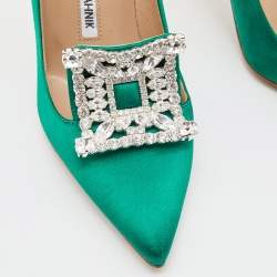  Manolo Blahnik Green Satin Borlak Crystal Embellished Pointed Toe Pumps Size 36