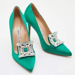  Manolo Blahnik Green Satin Borlak Crystal Embellished Pointed Toe Pumps Size 36